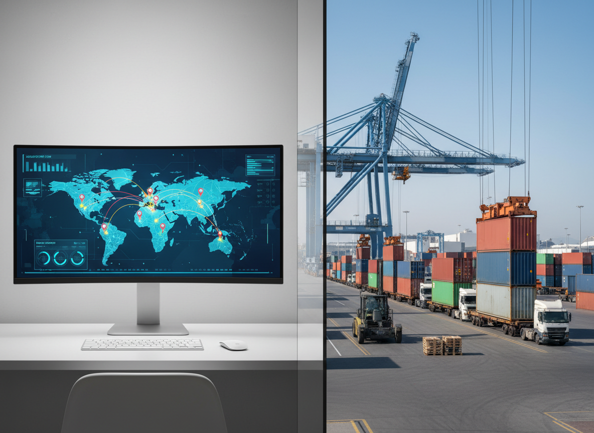 A split-screen style photographic composition where the left side shows a stylized digital world map on a large monitor with animated shipment routes and glowing tracking points, while the right side reveals a real-world logistics scene with containers being positioned near rail lines and trucks. A thin, vertical glass partition between them reflects both sides lightly, symbolizing seamless digital-to-physical integration. Neutral office lighting on the left contrasts with cooler outdoor daylight on the right, yet both are balanced for clarity. Shot straight-on with both halves equally sharp, the mood is analytical and precise, underscoring end-to-end visibility, data-driven freight brokerage, and transparent cargo tracking.