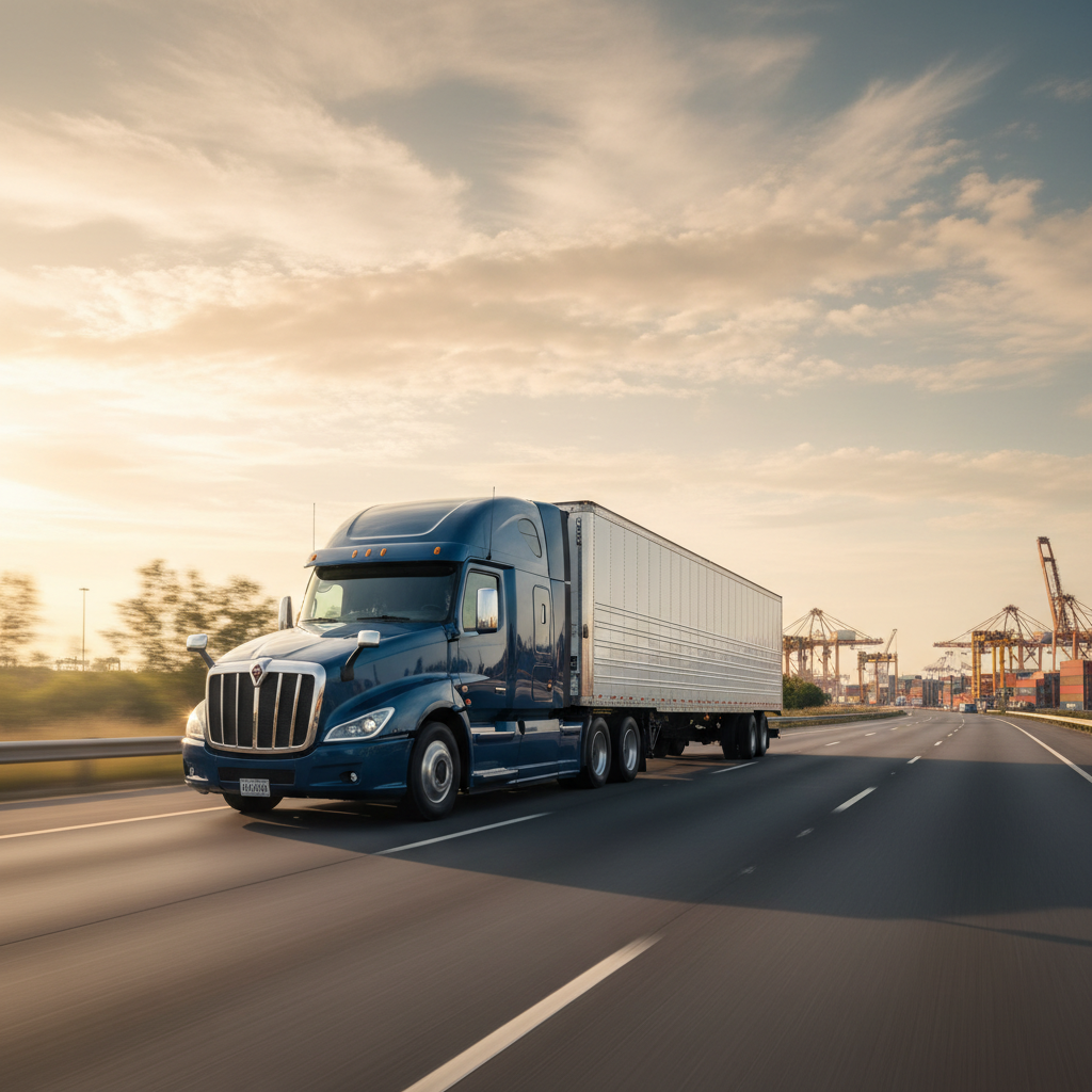 A dynamic, low-angle photographic shot of a single, modern long-haul truck with a pristine white trailer, captured in motion on a clean highway that curves gently toward a major port with stacked containers and gantry cranes in the distance. The truck’s aerodynamic design and polished surfaces catch warm late-afternoon sunlight, producing crisp highlights along its edges, while motion blur in the road and background suggests speed. High, scattered clouds are lit in soft gold, adding depth to the sky. The composition follows the rule of thirds, with the truck dominating the foreground and the port infrastructure suggesting global reach. The mood is confident and energetic, representing fast, reliable freight services.