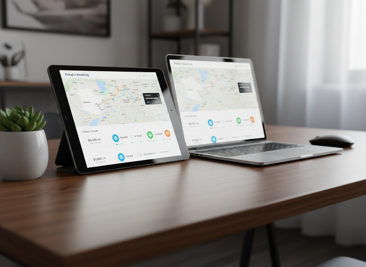 A close-up, photographic view of a tablet and laptop on a tidy, modern desk, both displaying a freight booking interface with route options, instant quote figures, and live tracking status represented by colorful icons and timelines. The devices rest on a smooth, dark wood surface beside a small, minimalist plant and a wireless mouse. Soft, diffused daylight enters from an unseen window, casting gentle reflections on the screen glass and subtle shadows along the desk edge. Captured at a shallow angle with selective focus on the glowing screens, the background falls into a soft blur, suggesting a quiet office. The mood is efficient and high-tech, communicating quote-in-minutes convenience and 24/7 access through intuitive digital tools.