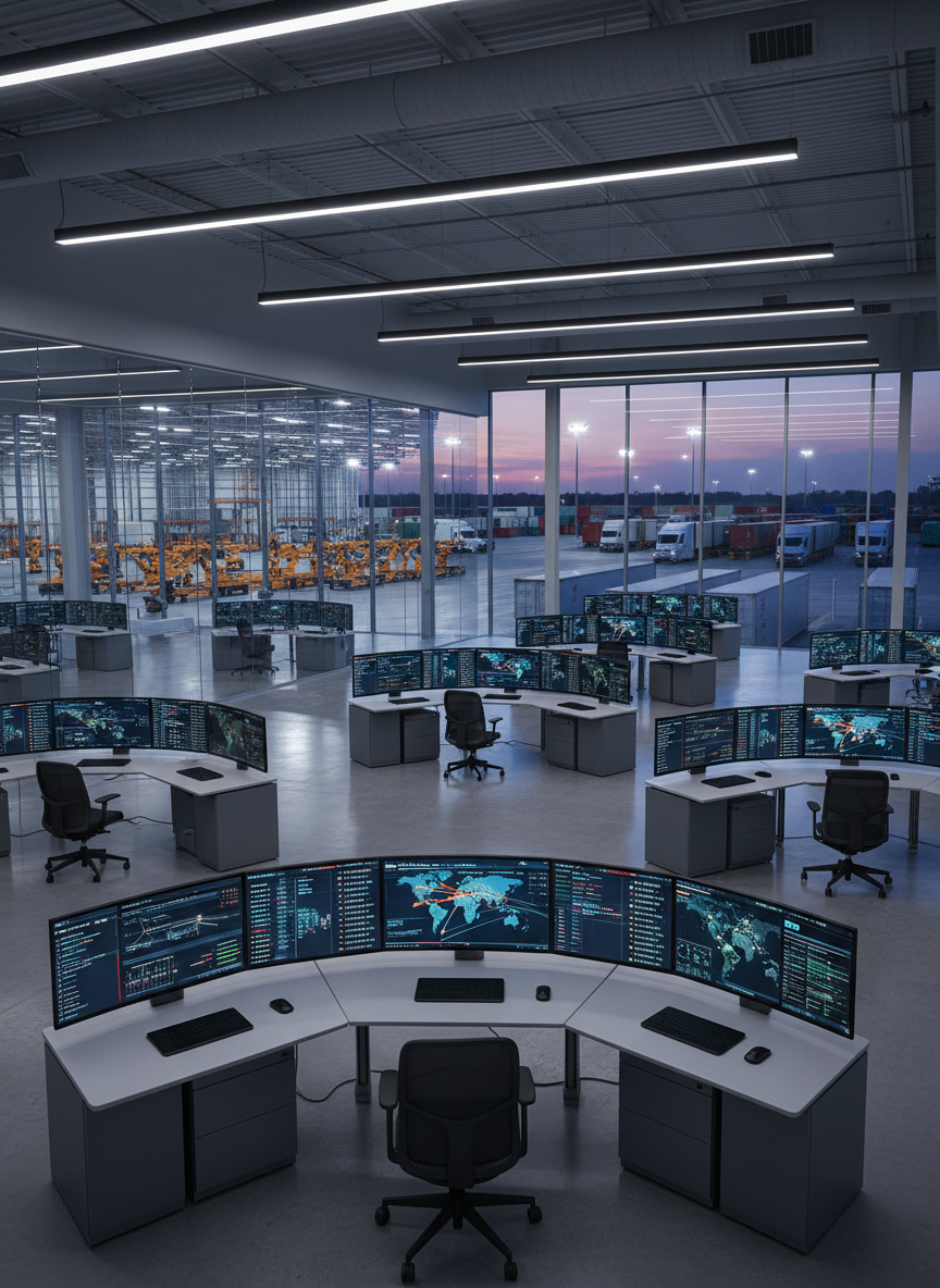 A wide, cinematic view of a modern freight brokerage control room, filled with sleek, ultra-wide digital dashboards showing real-time maps, shipment routes, and live tracking indicators. Glass-walled offices and a distant, brightly lit warehouse floor are visible through large windows, with rows of trailers and containers neatly aligned outside at dusk. Cool, balanced LED lighting reflects off polished concrete floors and brushed metal surfaces, creating crisp highlights and subtle shadows. Shot from a slightly elevated angle with sharp focus throughout, the composition emphasizes transparency, automation, and 24/7 monitoring. Photographic realism with a clean, professional aesthetic that conveys speed, reliability, and constant oversight for cargo movements.