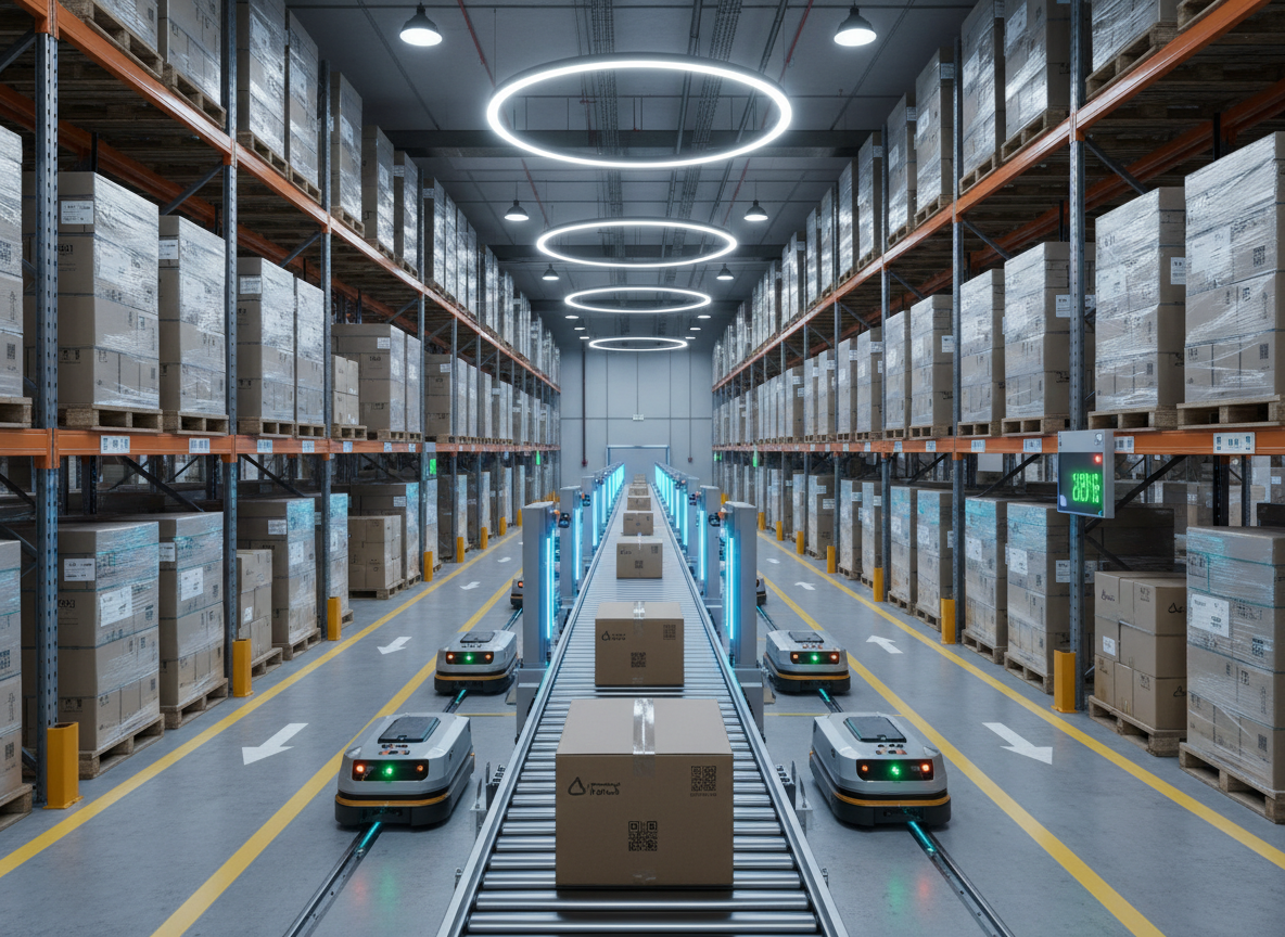 An interior warehouse scene captured in photographic realism, showing a central automated conveyor line moving sealed cartons past scanning gates and robotic pallet shuttles. Tall racks of neatly wrapped pallets rise on either side, with clear aisle markings and digital LED indicators at row ends showing abstract status colors. Cool, even overhead lighting from high-bay fixtures creates a bright, shadow-controlled environment, emphasizing order and precision. Shot from eye level down the length of the conveyor, the image uses a strong leading line perspective that draws the viewer into the depth of the space. The mood is efficient, organized, and future-focused, visually conveying controlled logistics, accuracy, and transparency in cargo handling.