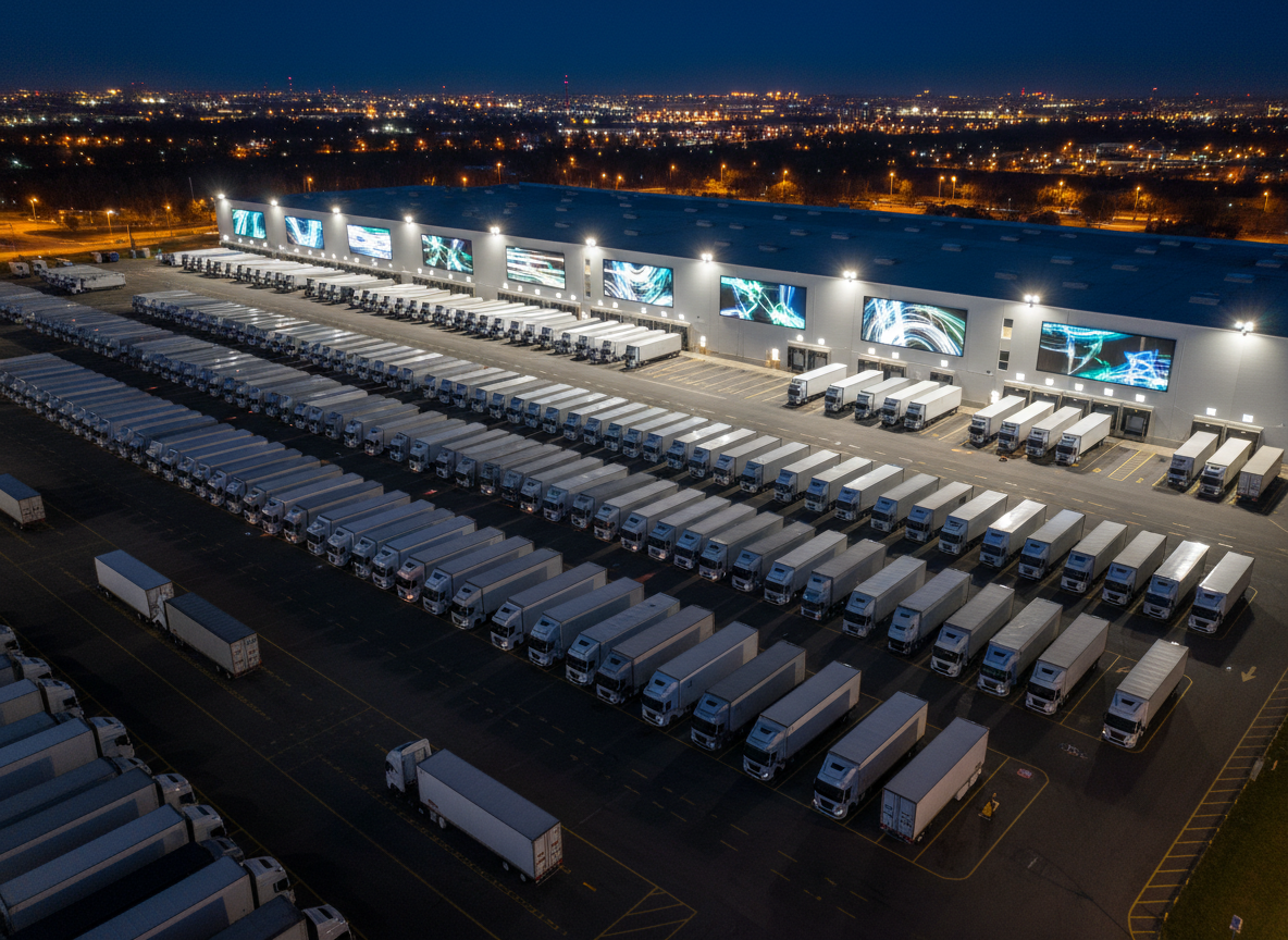 A night-time, high-angle photographic scene of a large distribution yard where rows of modern semi-trucks and trailers are parked in precise lines beside a brightly lit warehouse. Automated loading docks glow with white LED strips, and digital signage panels above each bay display subtle, abstract light patterns suggesting real-time data. Overhead floodlights create strong but clean illumination, forming long shadows across the asphalt and highlighting reflective safety markings on the vehicles. The sky is deep blue with a faint city glow on the horizon. Shot with sharp focus and wide depth of field, the composition emphasizes nonstop, around-the-clock operations, speed, and reliability in freight movement.