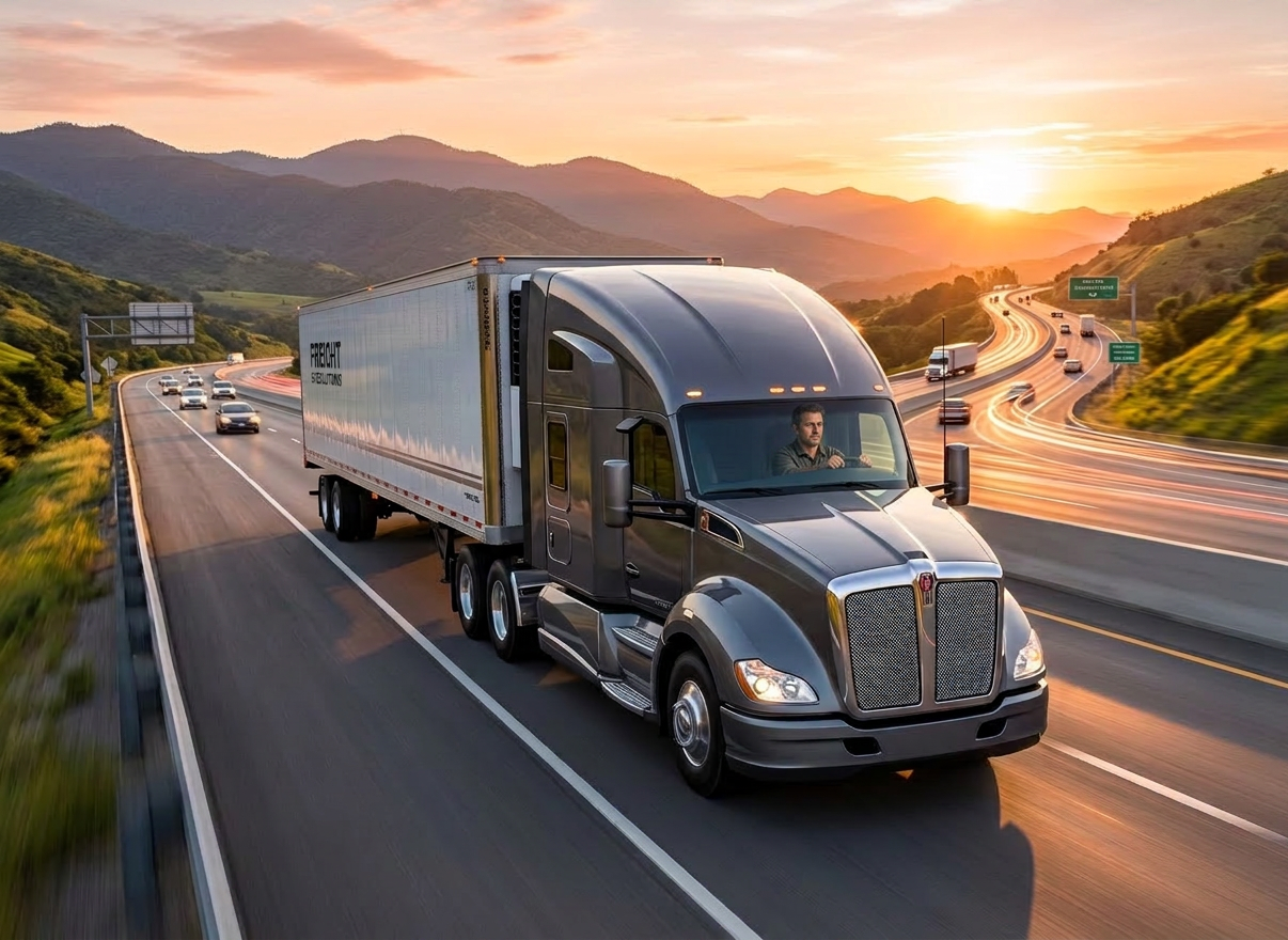A gray freight truck with a trailer driving on a highway during sunset with mountains in the background